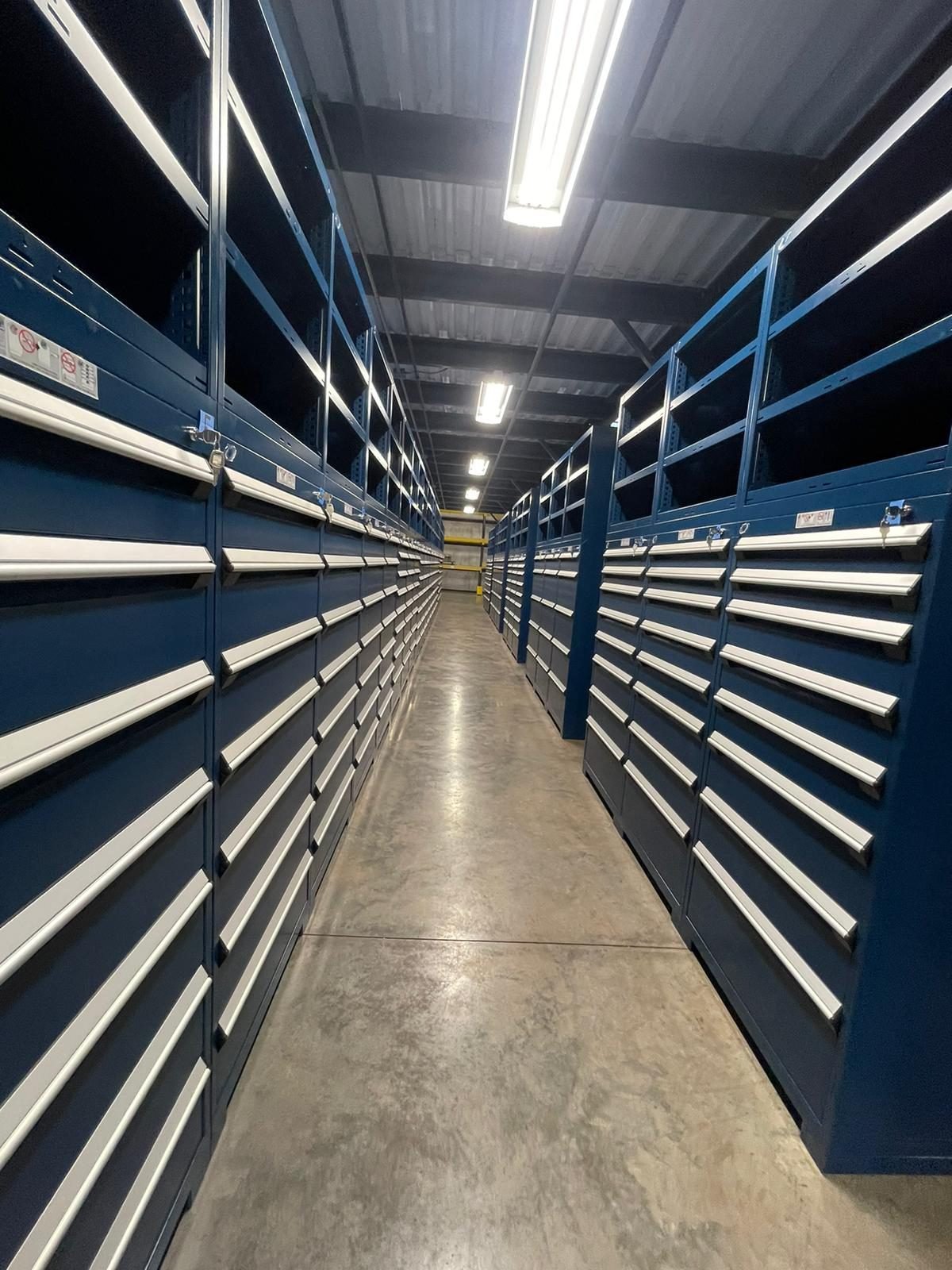 Metal shelving with drawers